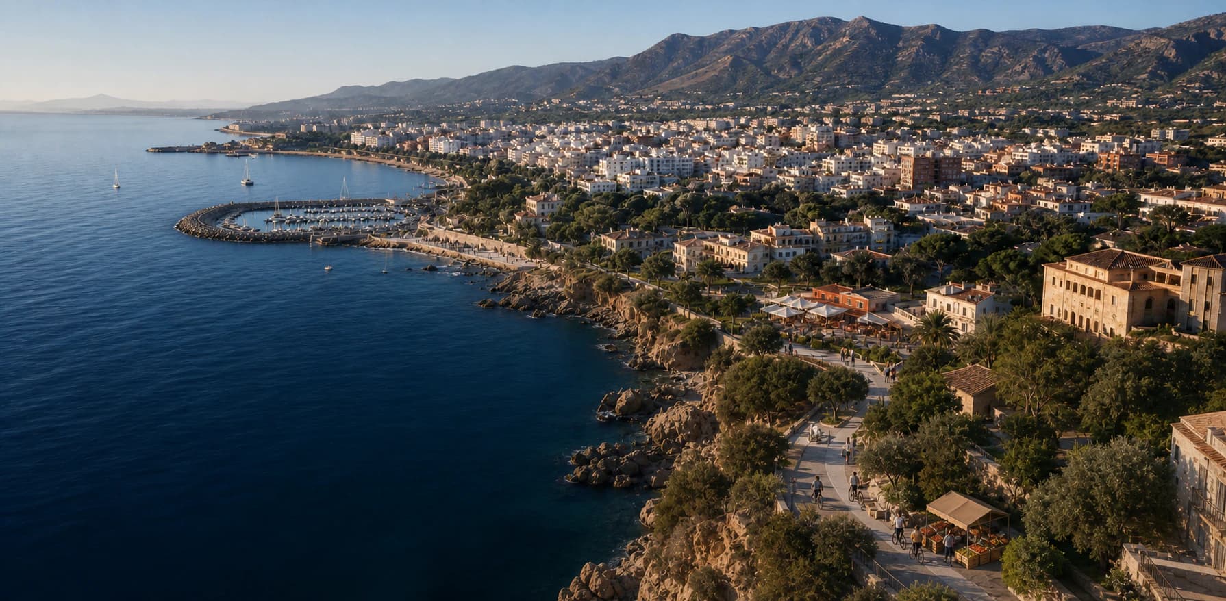 Luchtfoto van een kustplaats aan de Costa del Sol met jachthaven, boulevard en de bergen op de achtergrond